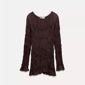 Zara EMBROIDERED RUCHED BLOUSE Brown Textured Blouse